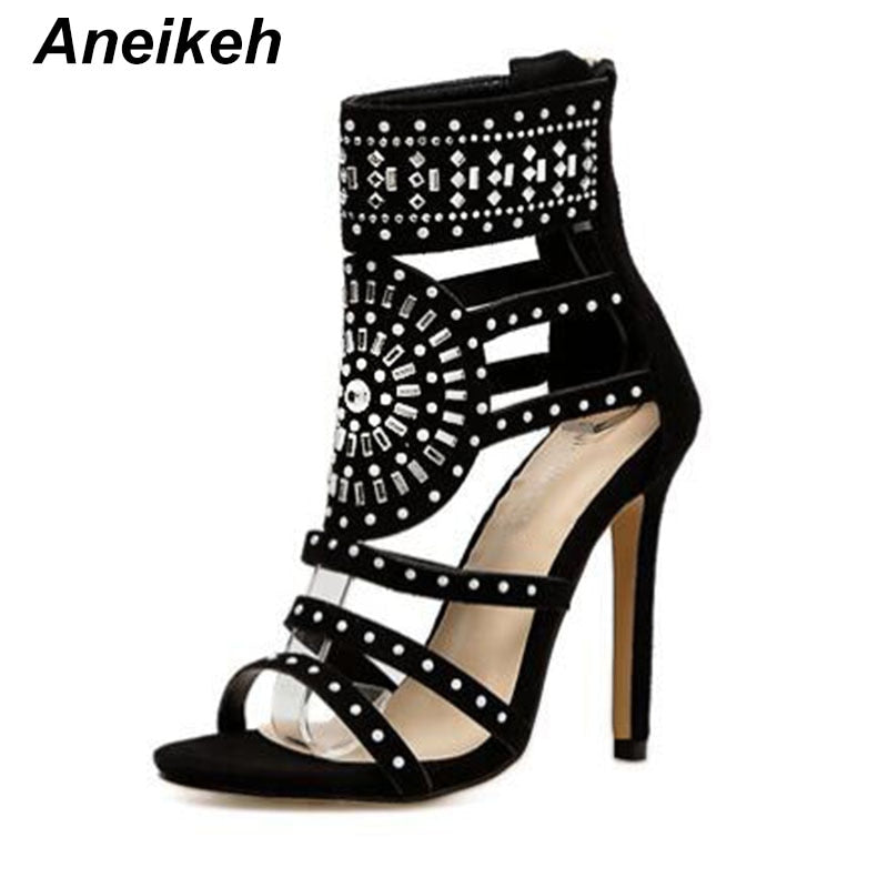 Frauen Mode Offene Zehe Strass Design, High Heel Kristall Knöchel, Diamant Gladiator Schwarz Größe 35-42