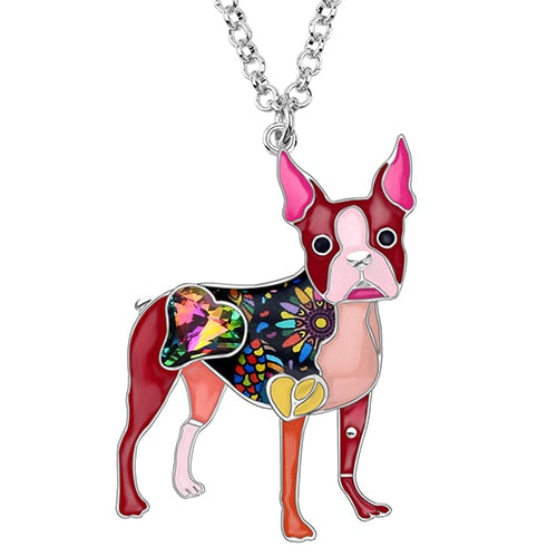 Bonsny Emaillelegierung, Kristall Strass Boston Terrier, Hund Halskette Anhänger