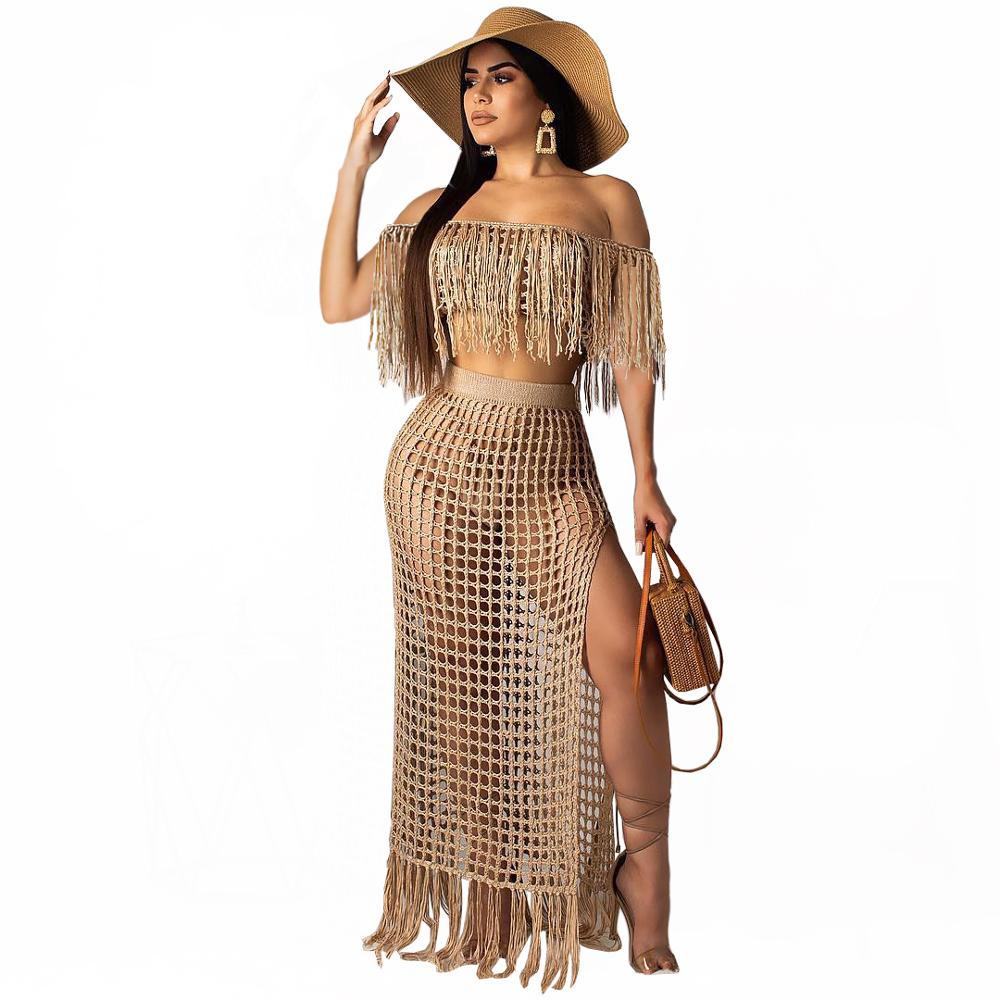 Sexy Gestricktes Damen Zweiteiliges-Slash Neck Cover Ups Set, Schlitz-Quastenrock, Ausgehöhlter Strand-Häkelanzug