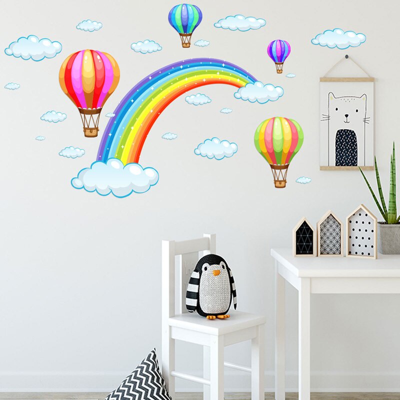 Cartoon Regenbogen Wolke Heißluftballon Wandaufkleber Für Kinder, Babyzimmer Dekoration