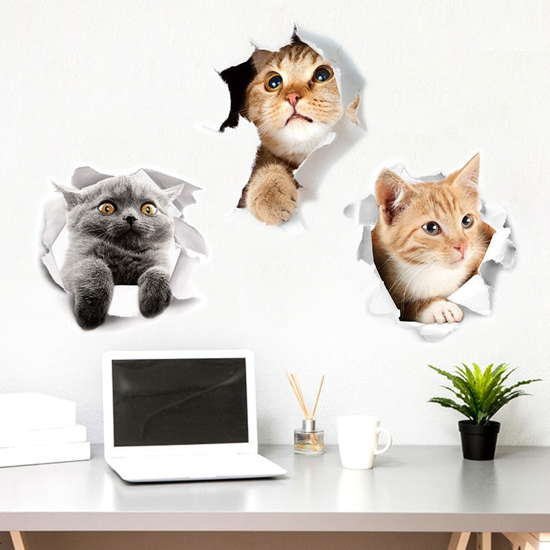 Katzen 3D-Wandaufkleber, Toilettenaufkleber, Lochansicht, lebendige Hunde, Badezimmer, für Heimdekoration, Tiere, Vinyl-Aufkleber, Kunst, Tapete, Poster