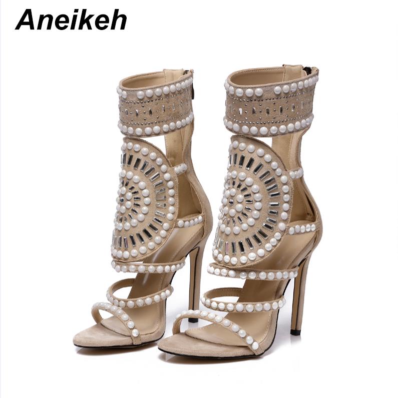 Frauen Mode Offene Zehe Strass Design, High Heel Kristall Knöchel, Diamant Gladiator Schwarz Größe 35-42
