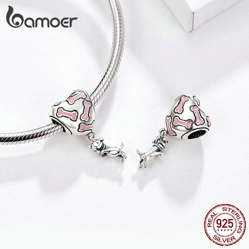Klassischer 925er Sterlingsilber I Love My Dog, Knochen-DIY-Herzanhänger passend für Original-Charm-Armbänder und Halsketten zur Schmuckherstellung SCC1199