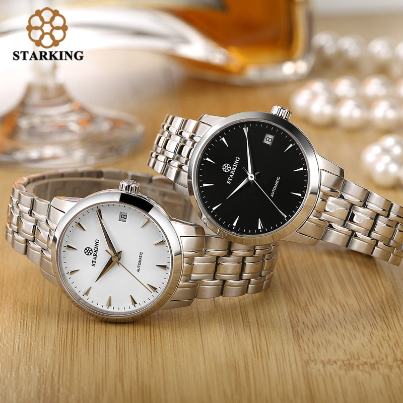 StarKing Klassische Frauen, Einfache Uhr Automatisch aus Edelstahl, Weißes Zifferblatt Armbanduhr, Auto Datum Damen Mechanisch Relogio Feminino