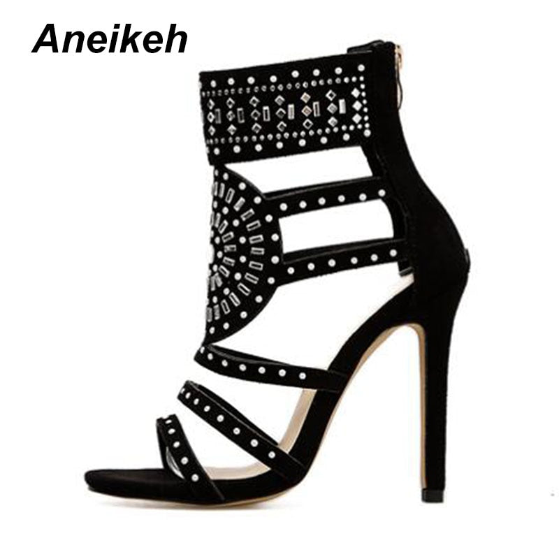 Frauen Mode Offene Zehe Strass Design, High Heel Kristall Knöchel, Diamant Gladiator Schwarz Größe 35-42