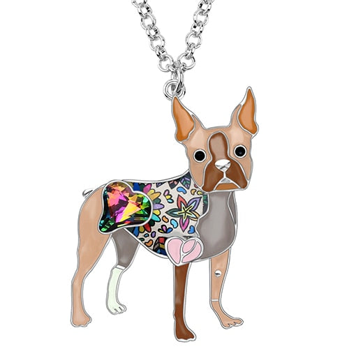 Bonsny Emaillelegierung, Kristall Strass Boston Terrier, Hund Halskette Anhänger