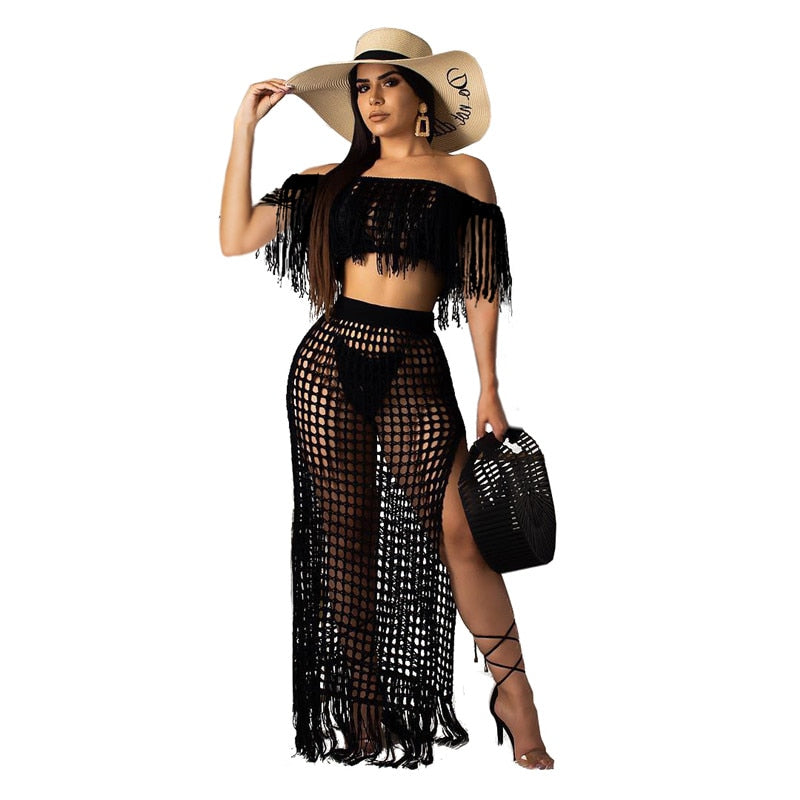 Sexy Gestricktes Damen Zweiteiliges-Slash Neck Cover Ups Set, Schlitz-Quastenrock, Ausgehöhlter Strand-Häkelanzug
