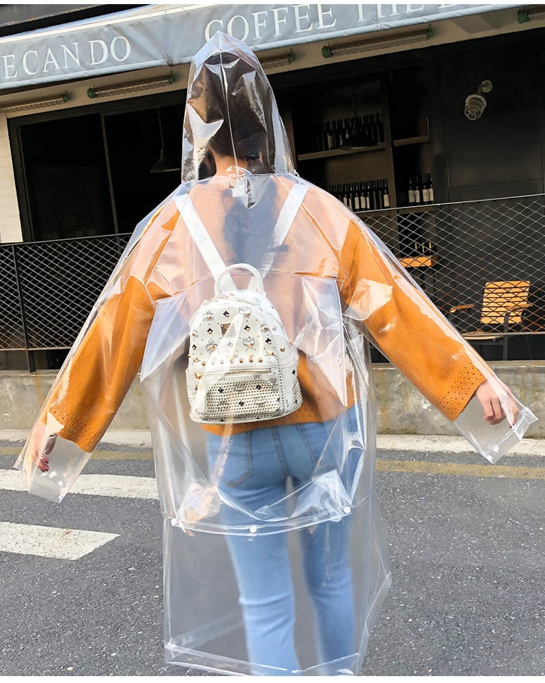 Super transparenter Regenmantel für Damenmode, Wasserdichter Umweltschutz-Regenmantel, wiederverwendbar mit Kapuze und Kordelzug