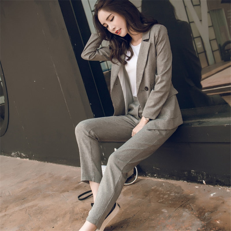 Damen-Hosen Anzug, Hohe Taille Bleistift Hose, Weibliche 2 Stück Blazer Set
