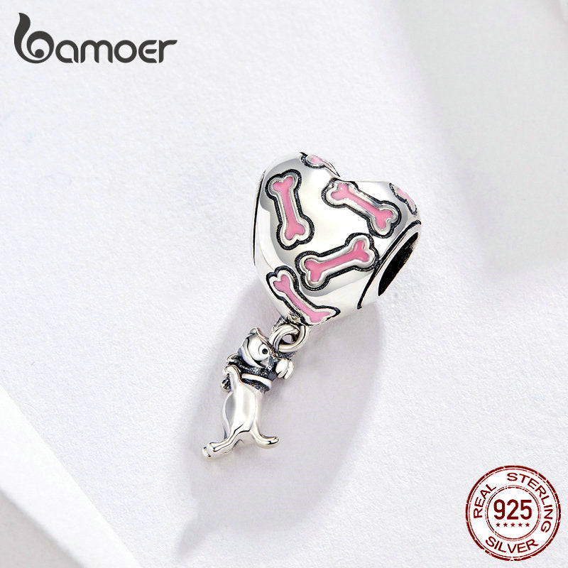 Klassischer 925er Sterlingsilber I Love My Dog, Knochen-DIY-Herzanhänger passend für Original-Charm-Armbänder und Halsketten zur Schmuckherstellung SCC1199