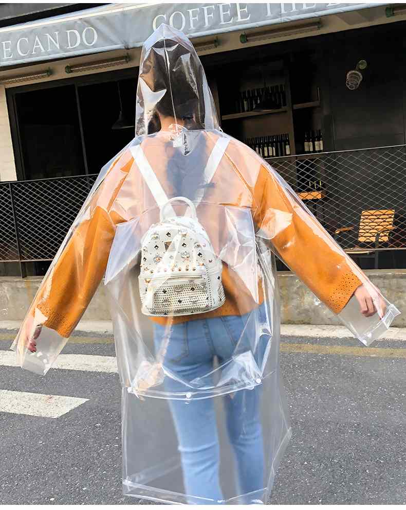 Super transparenter Regenmantel für Damenmode, Wasserdichter Umweltschutz-Regenmantel, wiederverwendbar mit Kapuze und Kordelzug