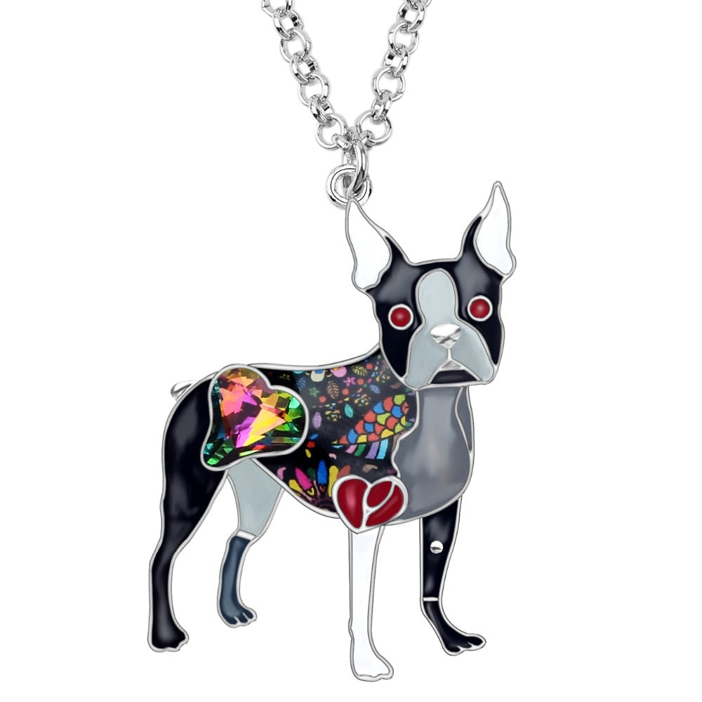 Bonsny Emaillelegierung, Kristall Strass Boston Terrier, Hund Halskette Anhänger