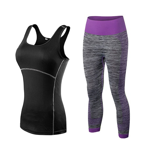 Damen Sport Running Cropped Top, 3/4 Leggings Gym Trainning Set