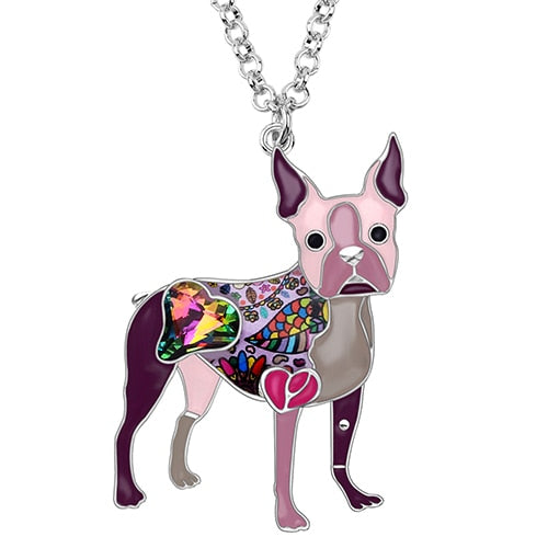 Bonsny Emaillelegierung, Kristall Strass Boston Terrier, Hund Halskette Anhänger
