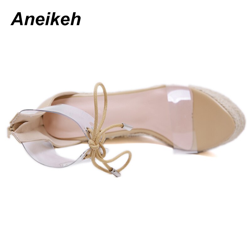 Aneikeh Fashion PVC Sandale, Transparent mit Lace-Up Butterfly-Knoten