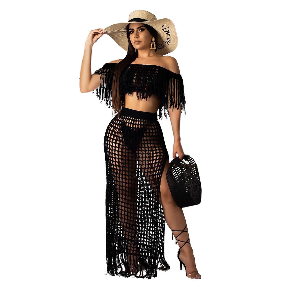 Sexy Gestricktes Damen Zweiteiliges-Slash Neck Cover Ups Set, Schlitz-Quastenrock, Ausgehöhlter Strand-Häkelanzug
