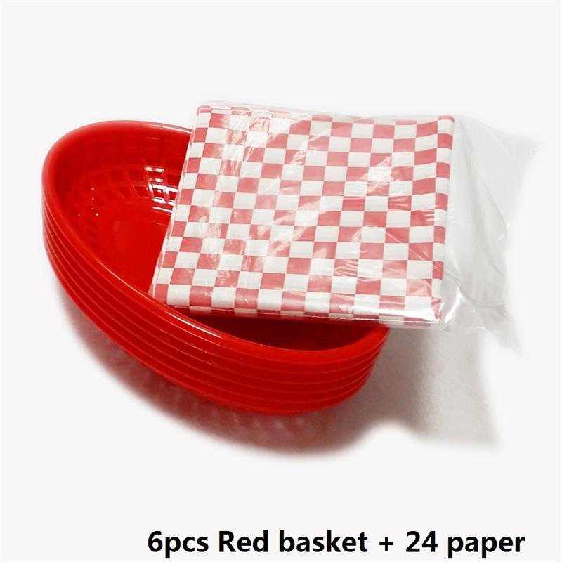 6 Stück Kunststoff Fast Food Korb Hot Dog Servierplatte mit 24 rot karierten Wachseinlagen Hamburger Pommes Frites, Papier Restaurant Tablett