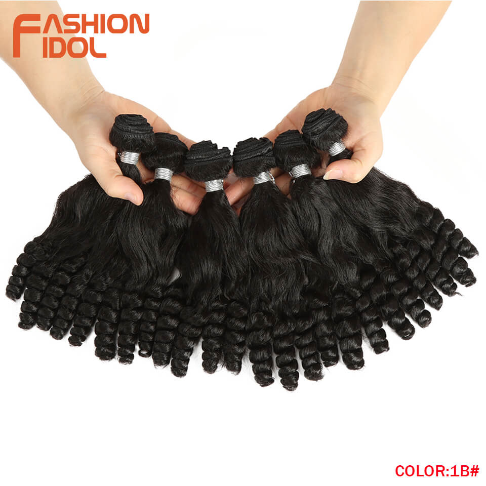 FASHION IDOL Afro Kinky Curly Hair Bundles 14 Zoll 7Stück/Los, Obere Gerade Untere Biegung Synthetische Haarspitze Mit Verschluss Faser