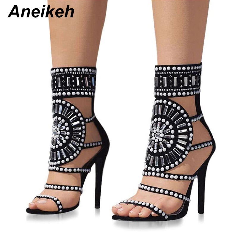 Frauen Mode Offene Zehe Strass Design, High Heel Kristall Knöchel, Diamant Gladiator Schwarz Größe 35-42