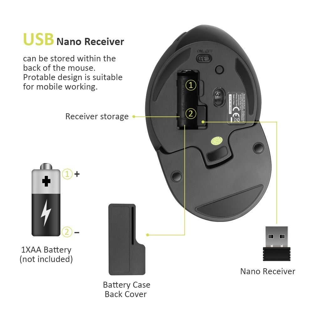 Delux M618 Plus Ergonomische vertikale kabellose Maus, 1600 DPI, 6 Funktionstasten, optische Mäuse mit abnehmbarer Handballenauflage für Computer
