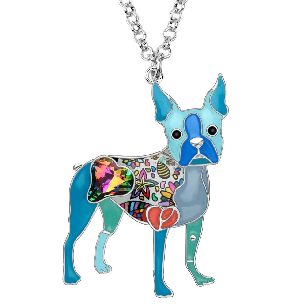 Bonsny Emaillelegierung, Kristall Strass Boston Terrier, Hund Halskette Anhänger
