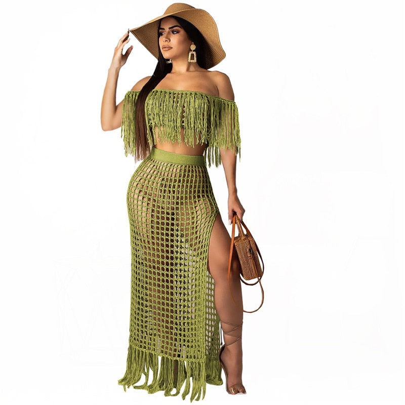 Sexy Gestricktes Damen Zweiteiliges-Slash Neck Cover Ups Set, Schlitz-Quastenrock, Ausgehöhlter Strand-Häkelanzug