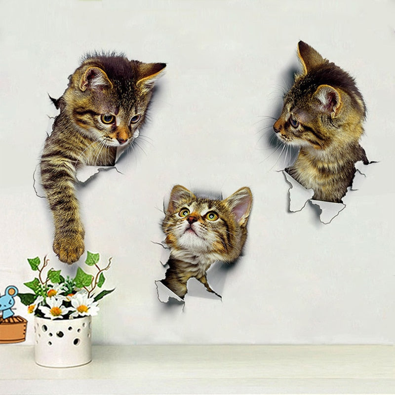 Katzen 3D-Wandaufkleber, Toilettenaufkleber, Lochansicht, lebendige Hunde, Badezimmer, für Heimdekoration, Tiere, Vinyl-Aufkleber, Kunst, Tapete, Poster