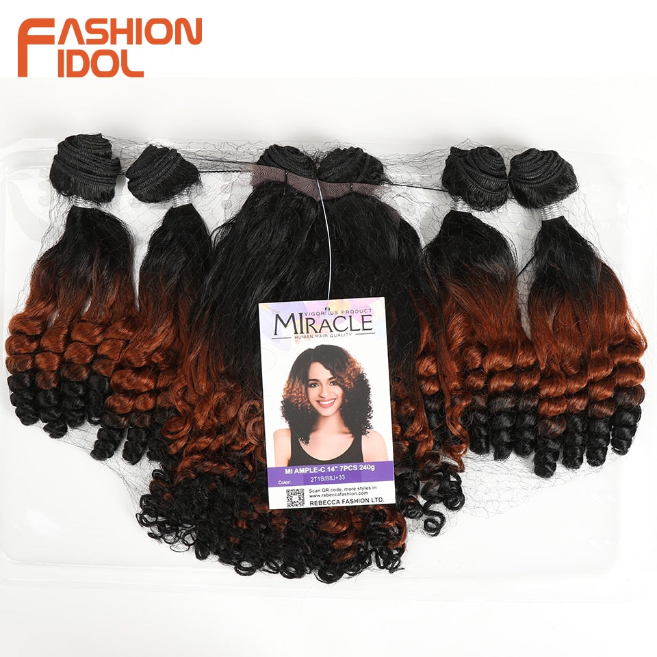 FASHION IDOL Afro Kinky Curly Hair Bundles 14 Zoll 7Stück/Los, Obere Gerade Untere Biegung Synthetische Haarspitze Mit Verschluss Faser