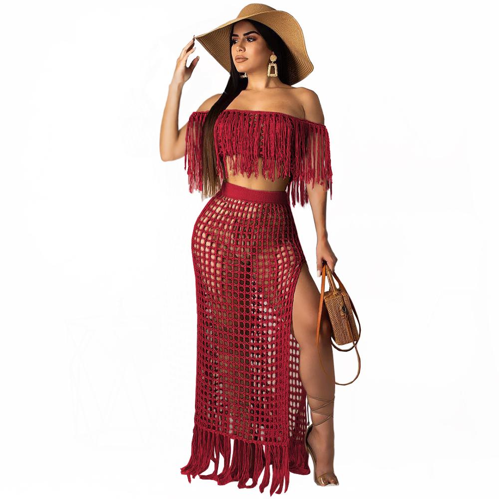 Sexy Gestricktes Damen Zweiteiliges-Slash Neck Cover Ups Set, Schlitz-Quastenrock, Ausgehöhlter Strand-Häkelanzug