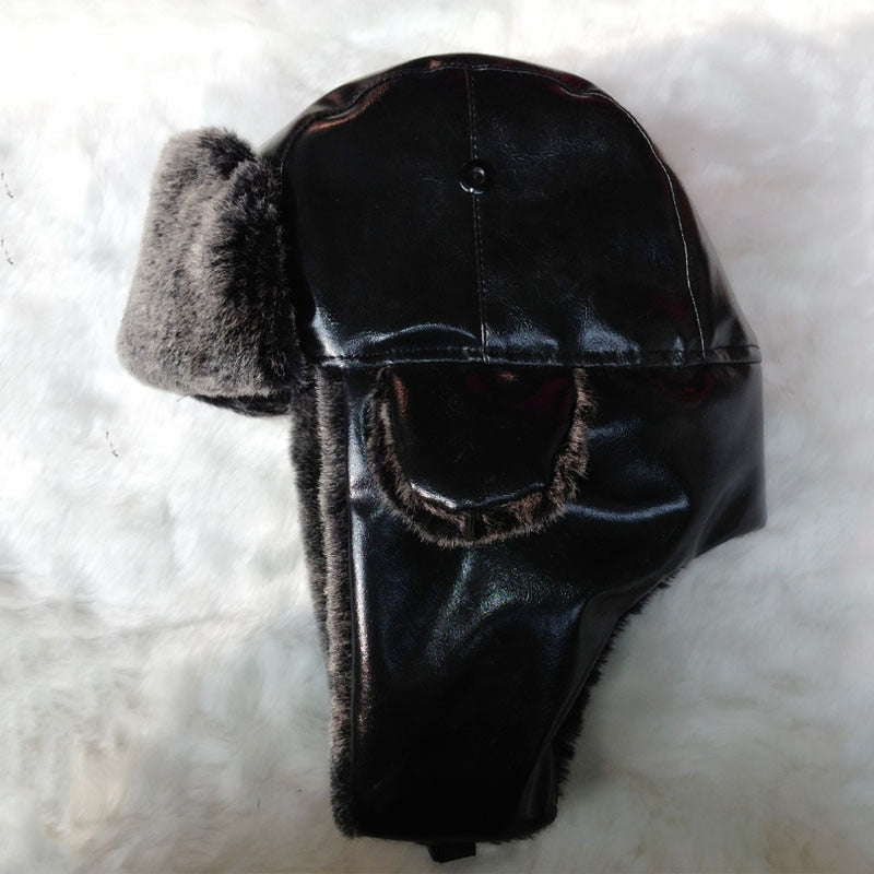 Bombermütze mit Ohrenklappe, Herren-Winter-Kunstleder-Fell, russische Ohrenklappen-Trapper-Mütze, Flieger-Fleece-Beanie für Herren