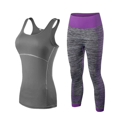 Damen Sport Running Cropped Top, 3/4 Leggings Gym Trainning Set
