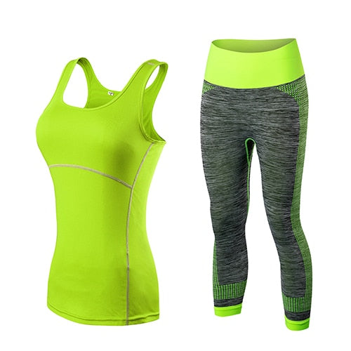 Damen Sport Running Cropped Top, 3/4 Leggings Gym Trainning Set