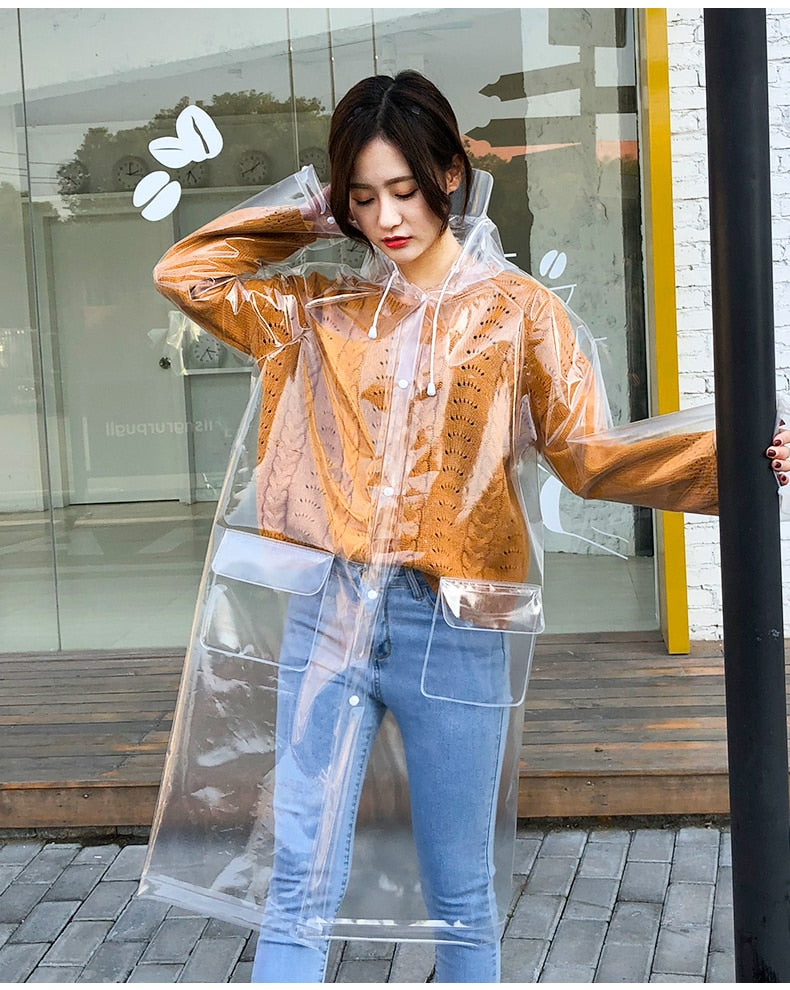 Super transparenter Regenmantel für Damenmode, Wasserdichter Umweltschutz-Regenmantel, wiederverwendbar mit Kapuze und Kordelzug