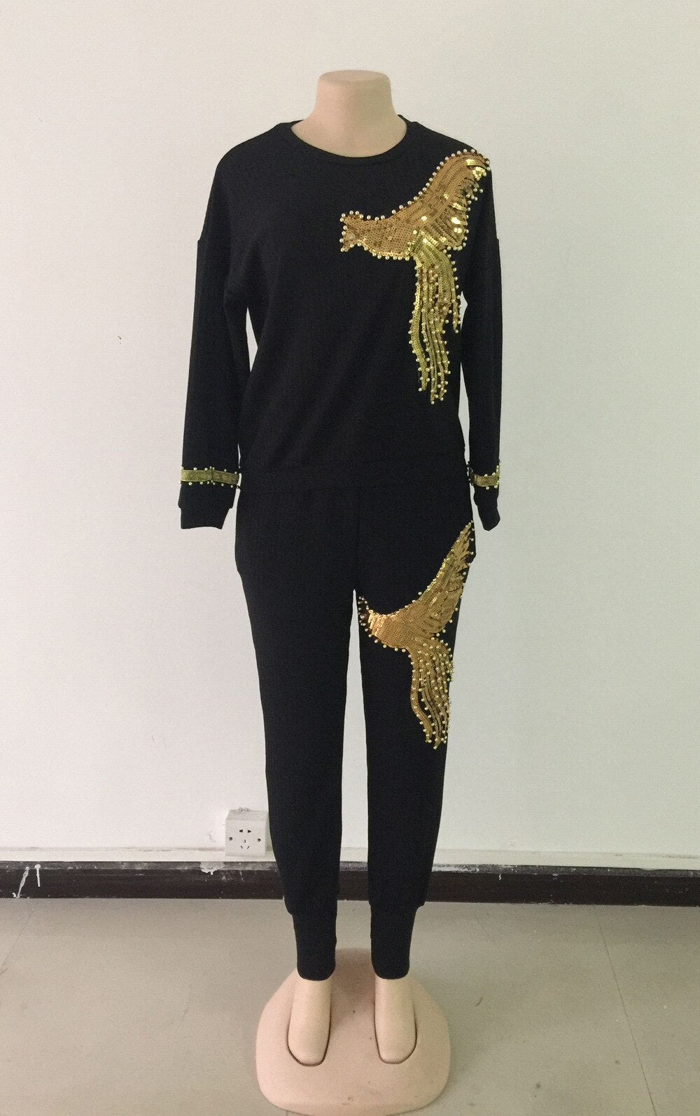 Damen Zweiteiliges Set-Strick Trainingsanzug mit Pailletten Perlen