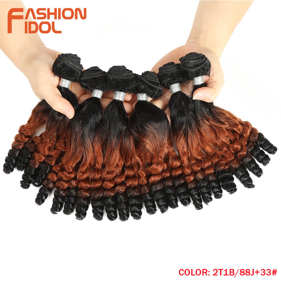 FASHION IDOL Afro Kinky Curly Hair Bundles 14 Zoll 7Stück/Los, Obere Gerade Untere Biegung Synthetische Haarspitze Mit Verschluss Faser
