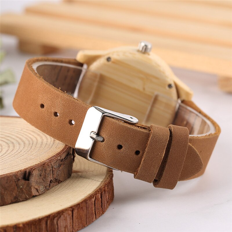 Neuer Stil Natur Bambus FrauenUhren, Kreative Arabische Ziffern Zifferblatt, Minimalistische Damenuhr, Lederband Holz Uhr Geschenk
