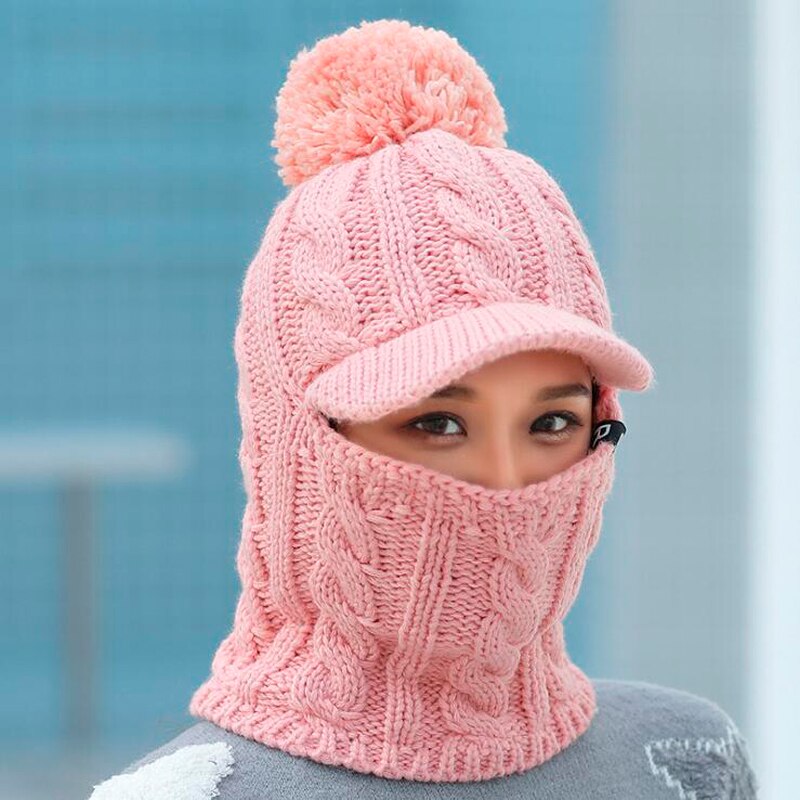 Warmer Hals Strickmütze Pelz Pompoms, Maske Wintermütze für Damen, Wolle Strickmütze