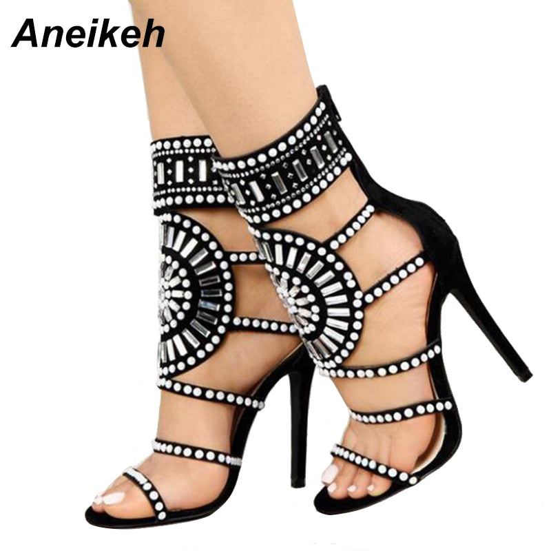 Frauen Mode Offene Zehe Strass Design, High Heel Kristall Knöchel, Diamant Gladiator Schwarz Größe 35-42