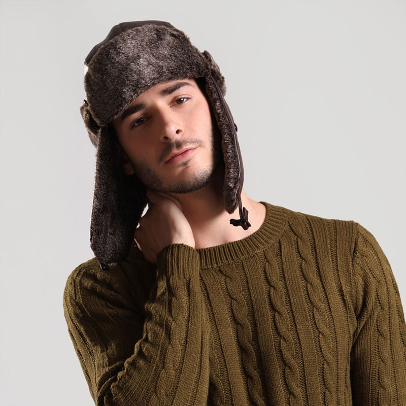 Bombermütze mit Ohrenklappe, Herren-Winter-Kunstleder-Fell, russische Ohrenklappen-Trapper-Mütze, Flieger-Fleece-Beanie für Herren