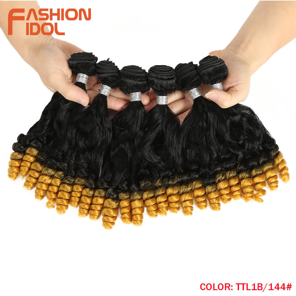 FASHION IDOL Afro Kinky Curly Hair Bundles 14 Zoll 7Stück/Los, Obere Gerade Untere Biegung Synthetische Haarspitze Mit Verschluss Faser