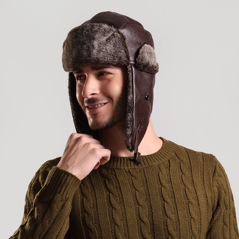 Bombermütze mit Ohrenklappe, Herren-Winter-Kunstleder-Fell, russische Ohrenklappen-Trapper-Mütze, Flieger-Fleece-Beanie für Herren