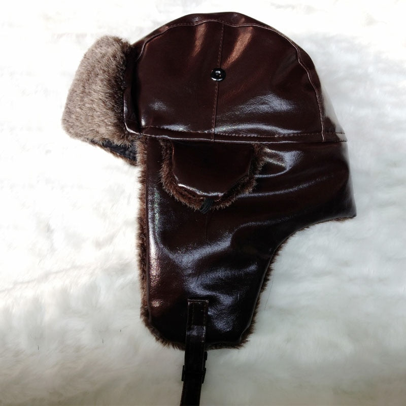 Bombermütze mit Ohrenklappe, Herren-Winter-Kunstleder-Fell, russische Ohrenklappen-Trapper-Mütze, Flieger-Fleece-Beanie für Herren