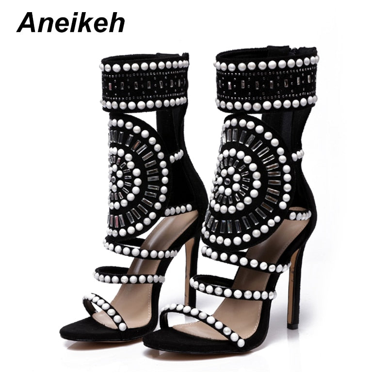 Frauen Mode Offene Zehe Strass Design, High Heel Kristall Knöchel, Diamant Gladiator Schwarz Größe 35-42