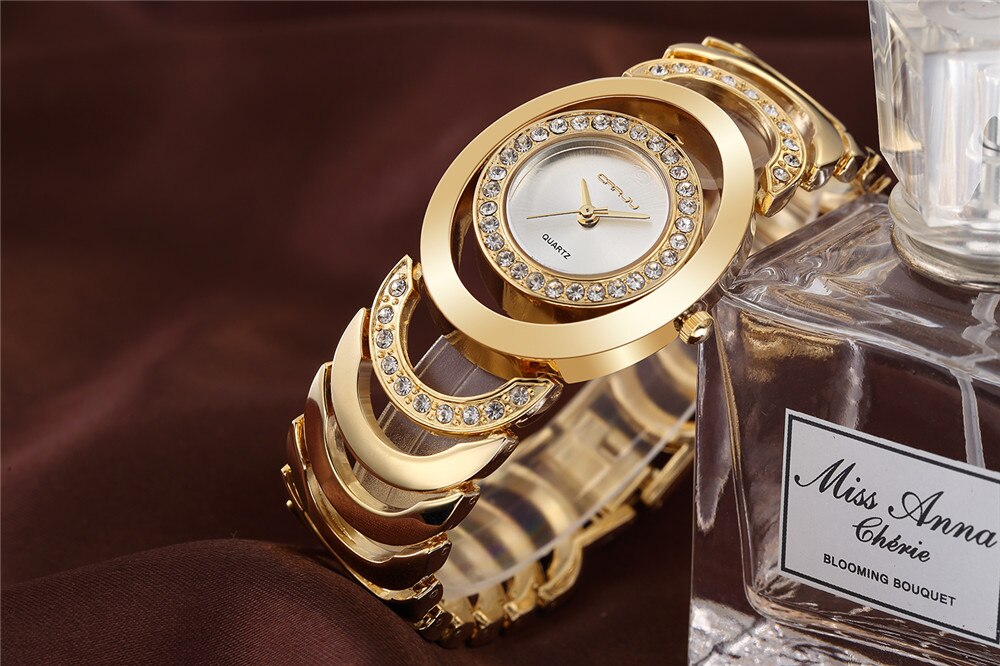 CRRJU Marke neue Mode Damen Armbanduhren, Luxus Gold Quarz Armbanduhren für Frauen