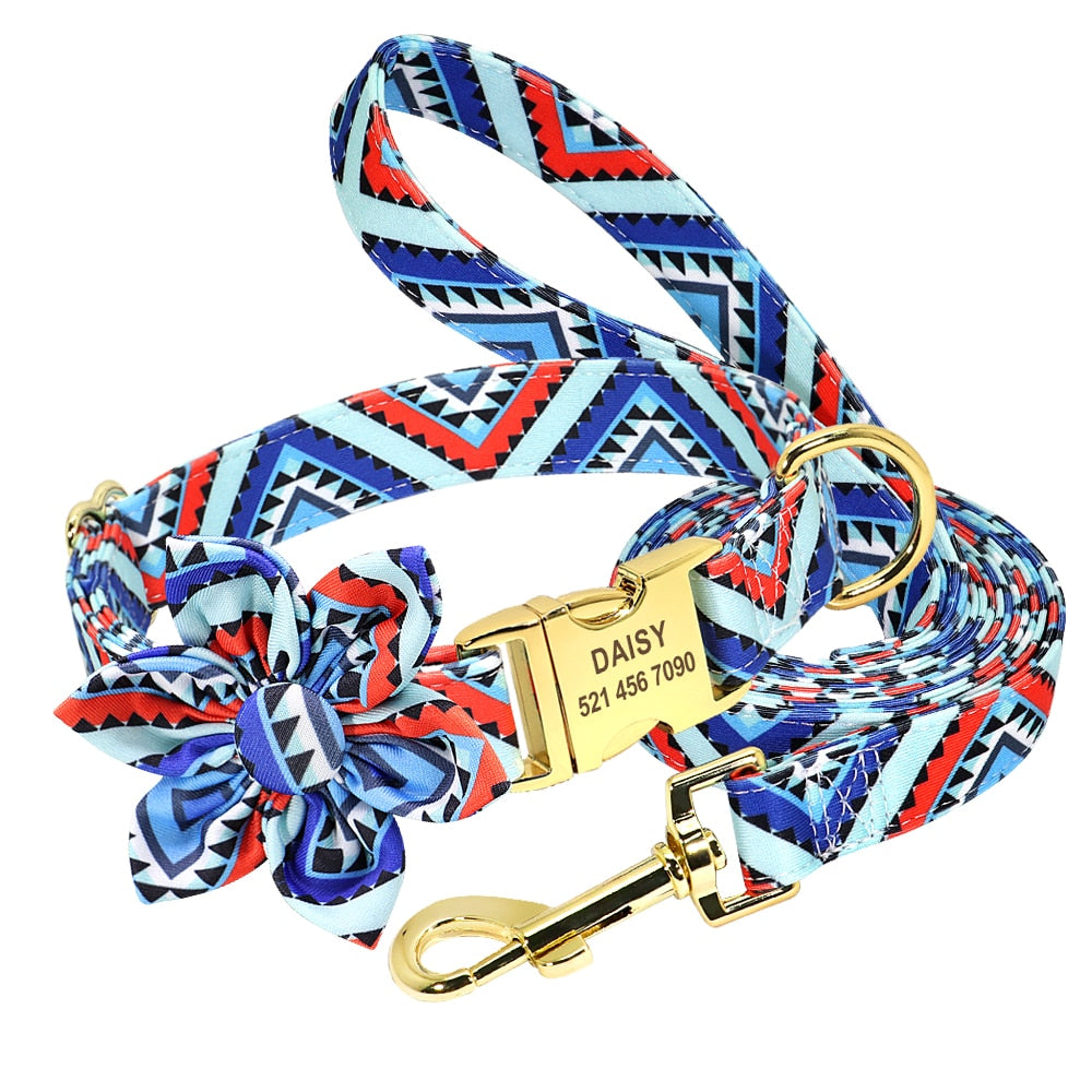 Bohemia Custom Hundehalsband Leine Nylon Blumen bedrucktes Haustier Hundehalsband Leine Personalisiertes Welpenhalsband für kleine mittelgroße Hunde