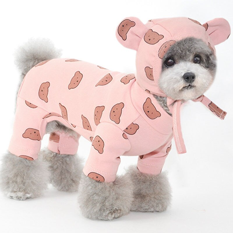 Baumwolle Haustierkleidung Bärenmuster Hundepyjamas, Overall 4 Beine Mantel, O-Ausschnitt