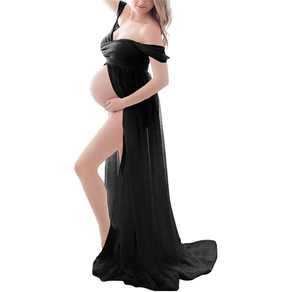 Schulterfreies Umstandskleid für die Fotografie, Sexy Front Split Schwangerschaftskleider
