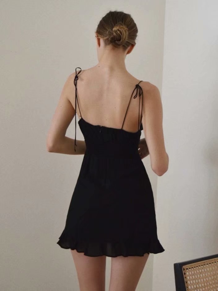 Verstellbares Retro Rüschen Minikleid für Frauen, Spaghettiträger rot schwarz elastisches Urlaubsmode