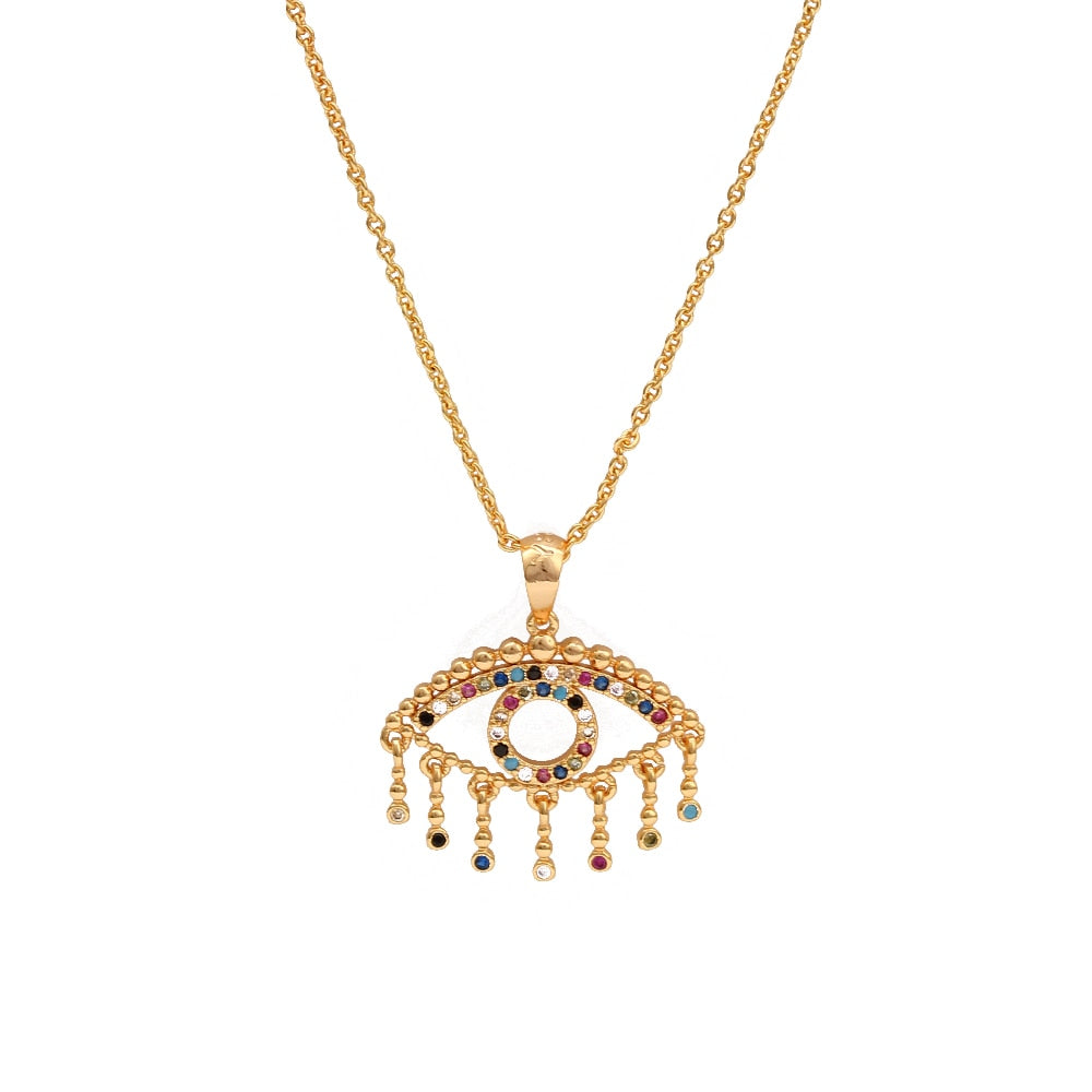 Lucky Eye Eulenherz Fatima Handpantoffeln Türkischer Böser Blick Anhänger Halskette Kupfer Goldfarbe, Langkettige Halskette für Frauen BE132
