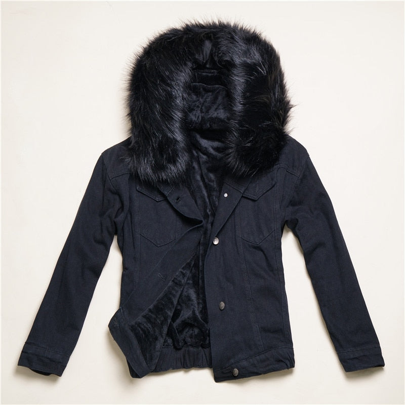 2022 Samt dicke Jeansjacke, weiblicher Winter großer Kunstpelzkragen